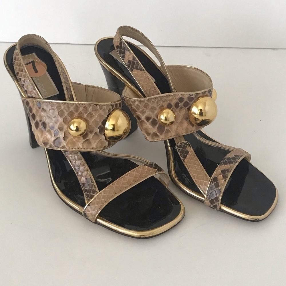 Michael Kors Collection Reptile Gold Circle Stud Stack Heel Sandals, Size 7 🔴